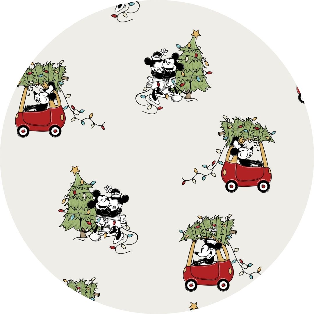 Matching family Christmas bamboo pajamas with a Steamboat Willie print featuring Minnie and Mickey Mouse from Disney.