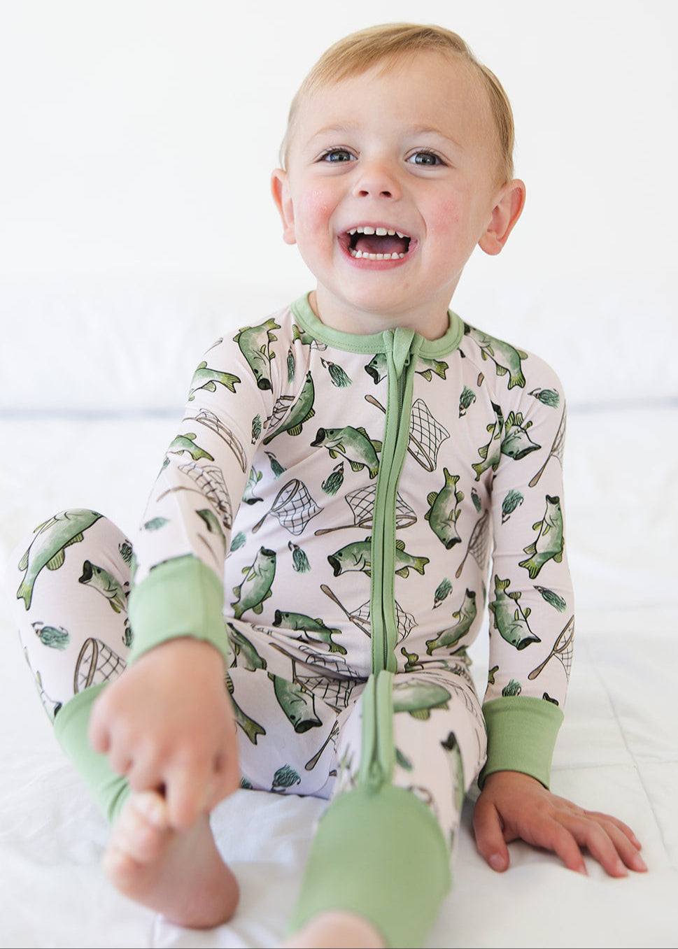 Fishing bamboo zippy convertible romper.