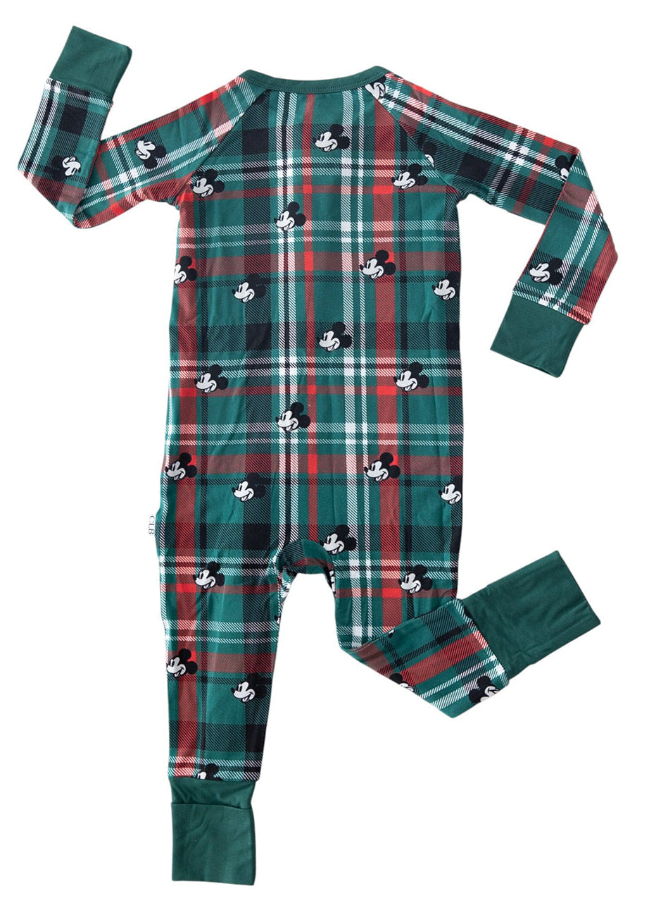 Convertible romper Christmas Mickey pajamas with family matching in bamboo fabric. Zippy with double zippers in green and red Tartan.