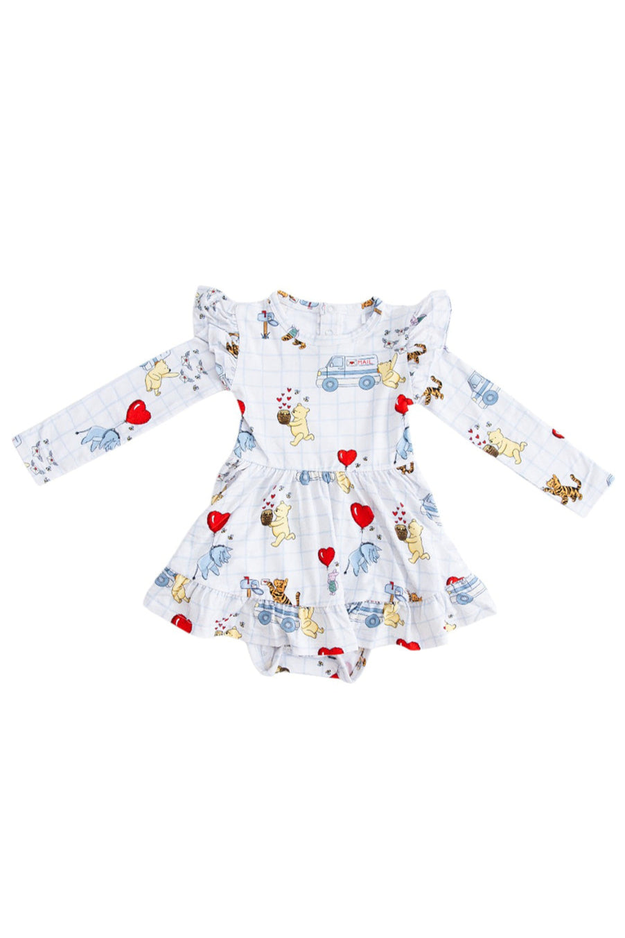 Vintage Winnie the Pooh bamboo twirl dress with Tigger, Eeyore and Piglet in a Valentine's Day print for baby and toddler boys and girls.