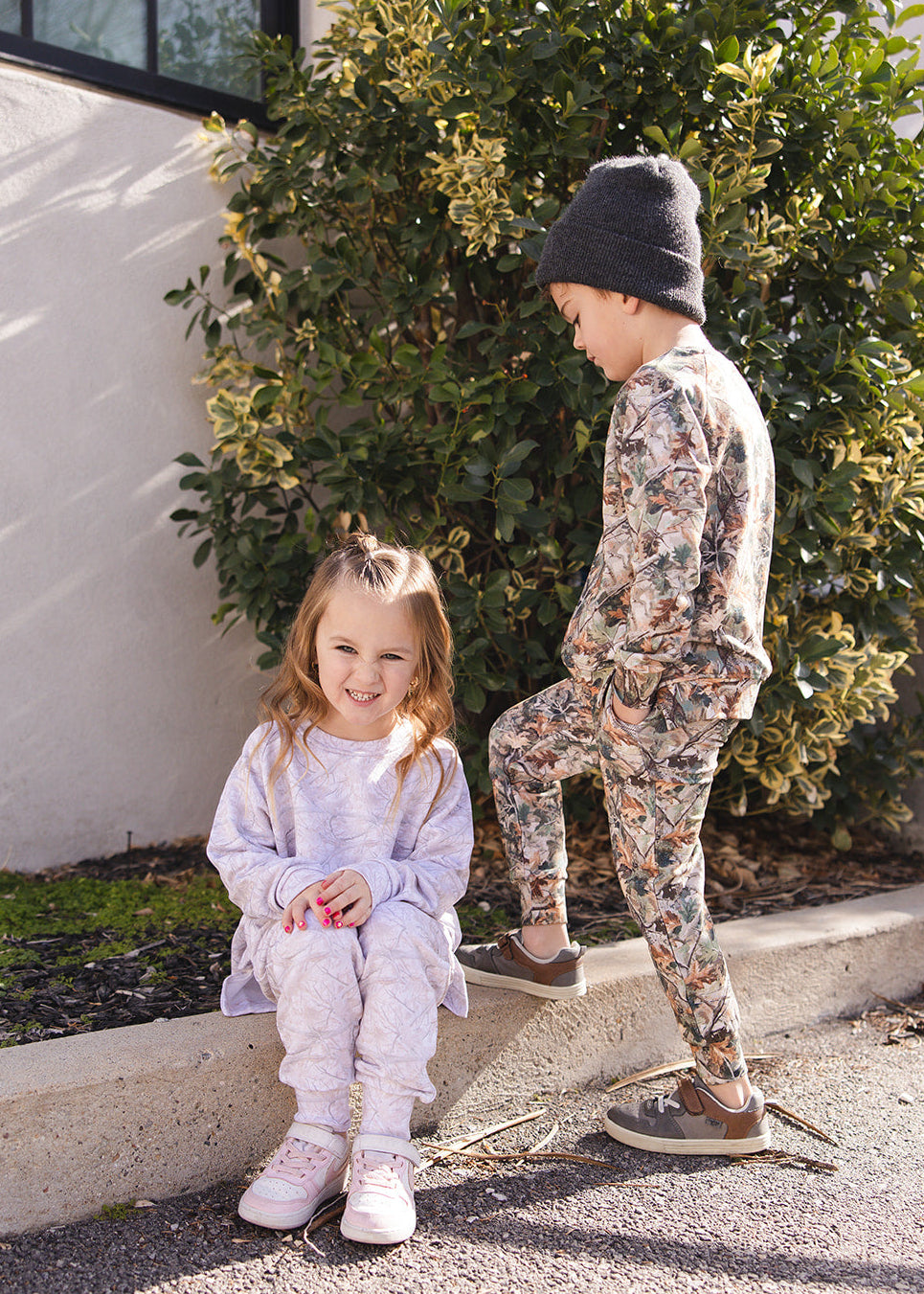 Camo and white oak camo outfit jogger set made from bamboo french terry for toddlers and little boys and girls.