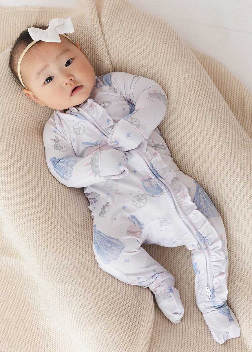 Bamboo convertible double zipper romper with hand and foot cuffs. Zippy has a vintage Disney Cinderella print on it.