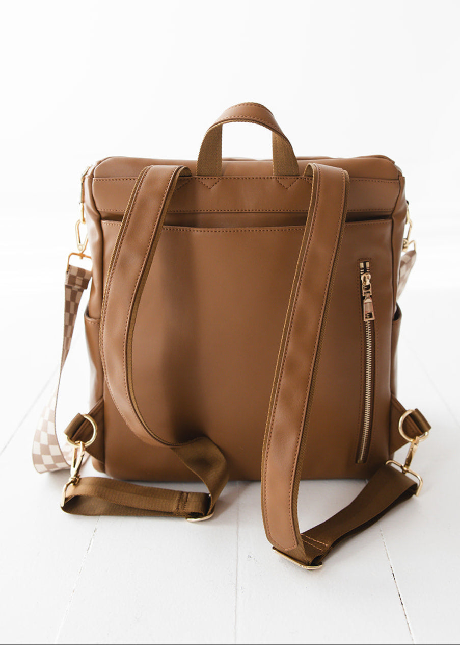 Brown faux leather large diaper bag with checkered cross body strap, insulated bottle pockets, changing mat, and stroller straps.