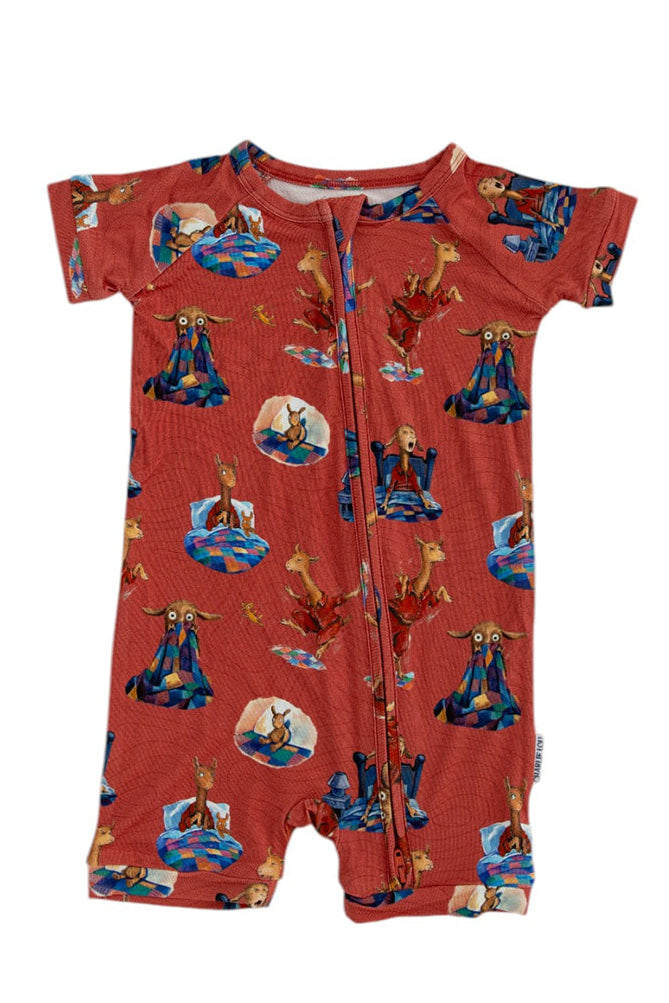 Bamboo double zipper shortie romper for babies and toddlers, both boys and girls. Print features a red background with Llama Llama Red Pajama.
