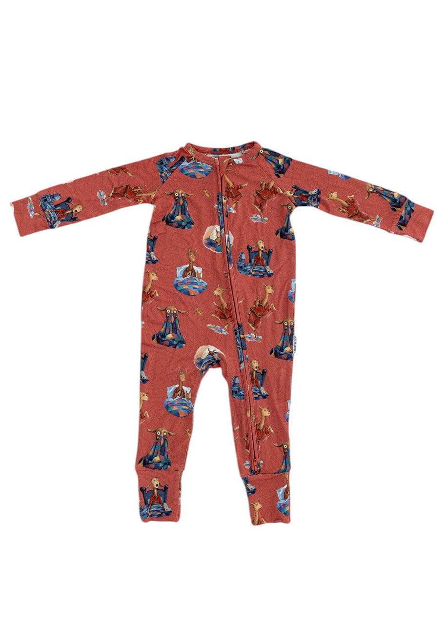 A baby long-sleeve footless one-piece pajama with a red-orange base color and an all-over print of llama llama red pajama, shown flat on a white background.