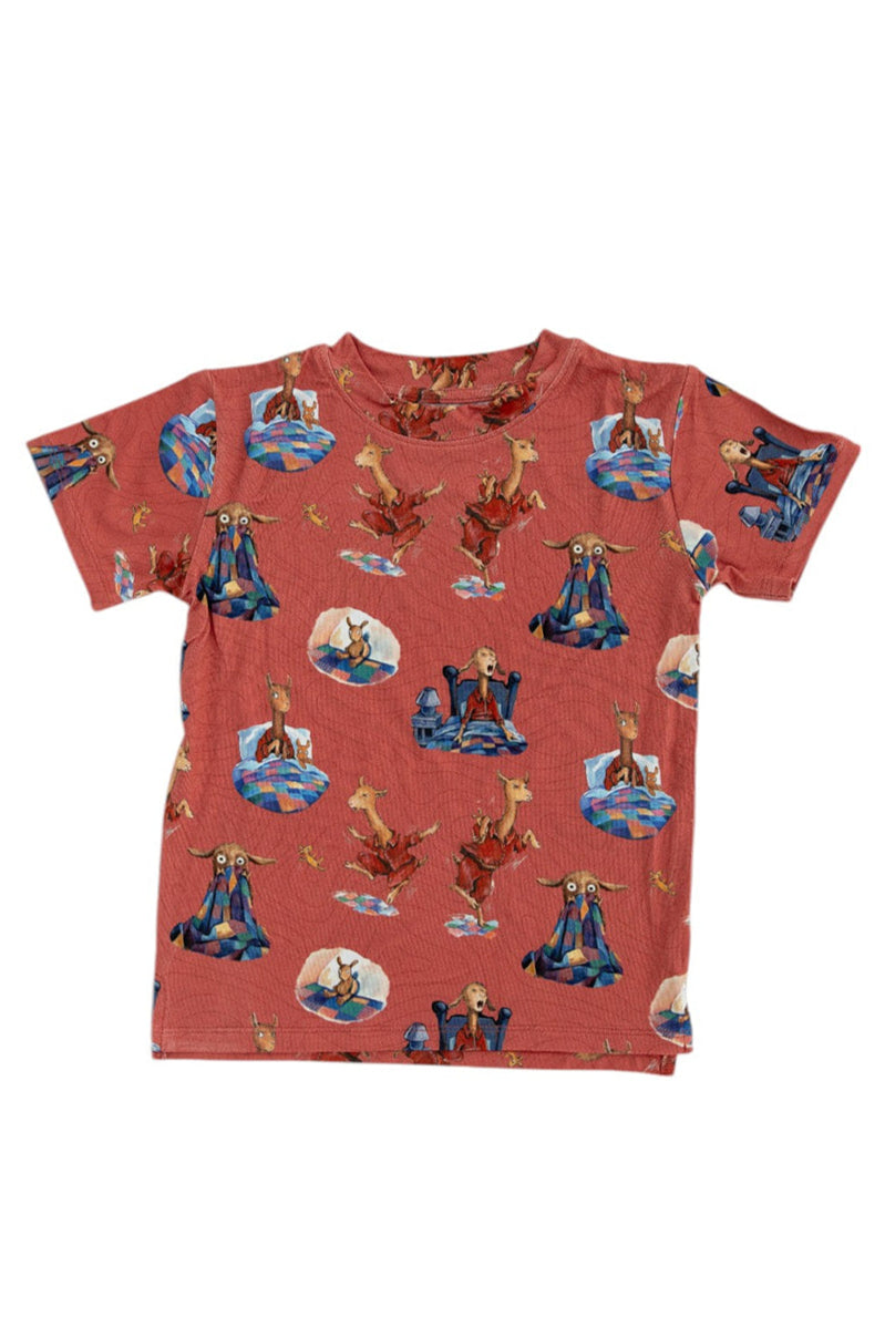 Bamboo T-Shirt for babies and toddlers, both boys and girls. Print features a red background with Llama Llama Red Pajama.