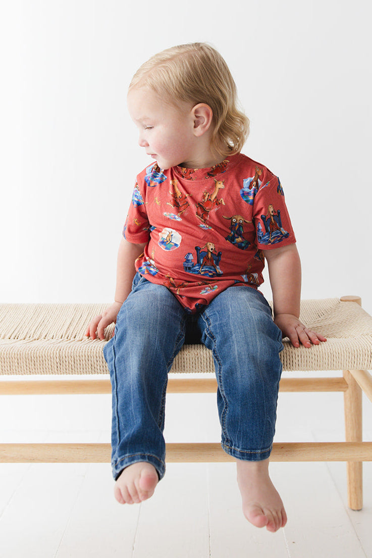 Bamboo T-Shirt for babies and toddlers, both boys and girls. Print features a red background with Llama Llama Red Pajama.