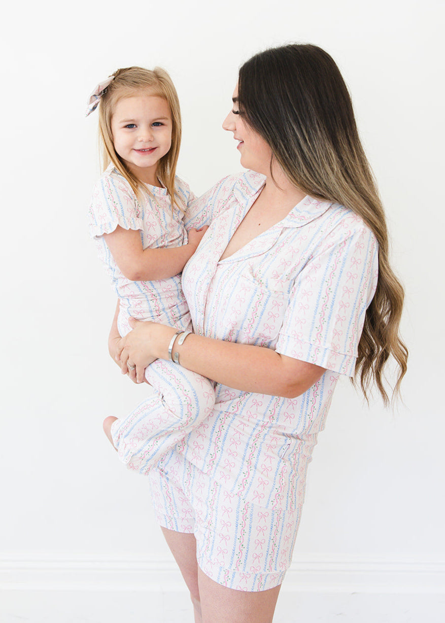 Vintage and dainty floral bow bamboo notch collar women's pajama set. Matching mommy and me.