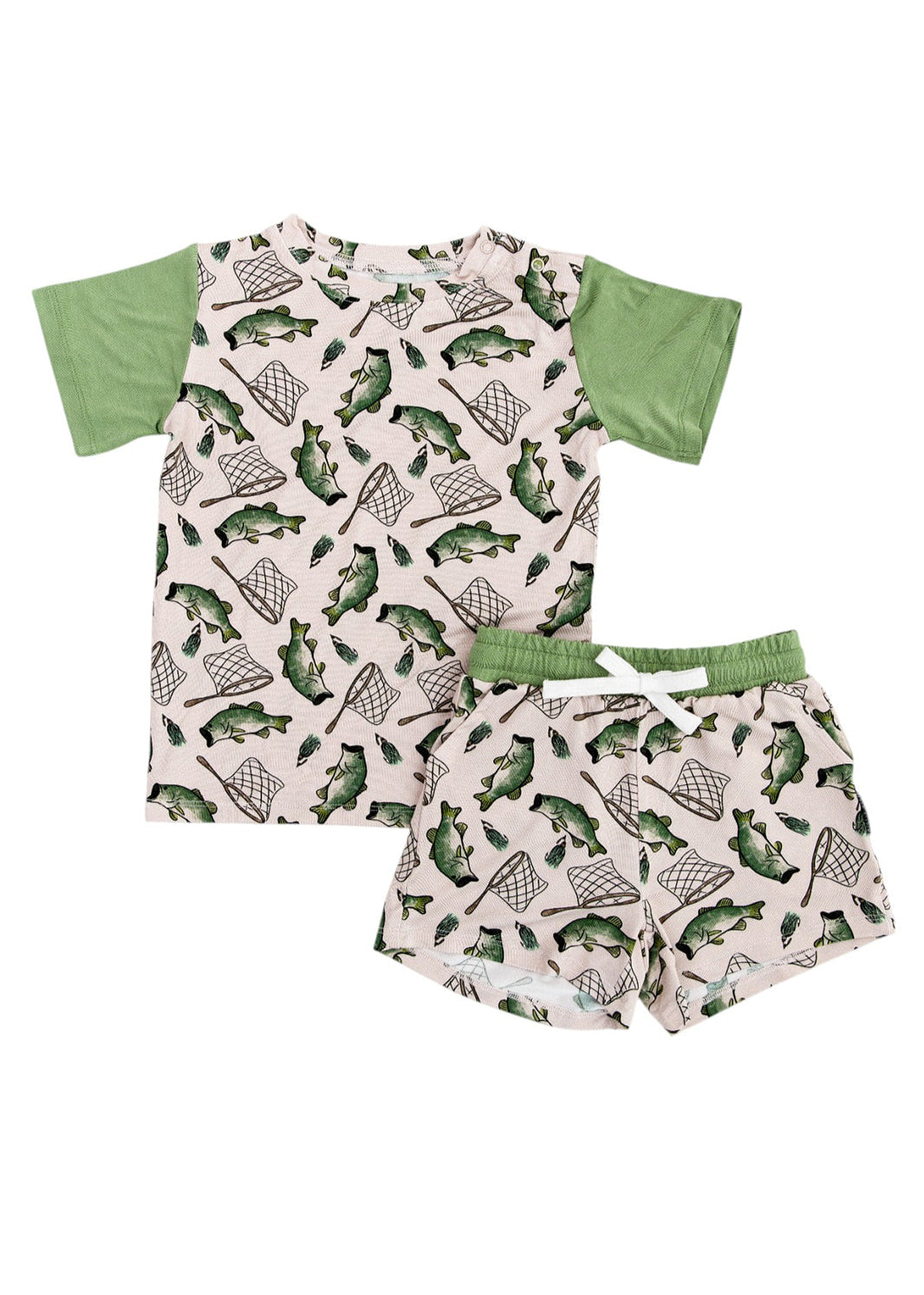 Fishing bamboo baby and toddler shorts and t-shirt set.