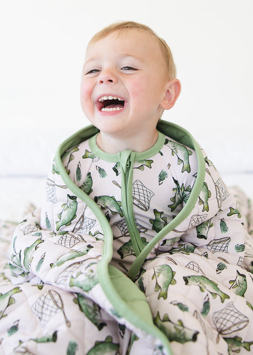 Fishing bamboo zippy convertible romper.