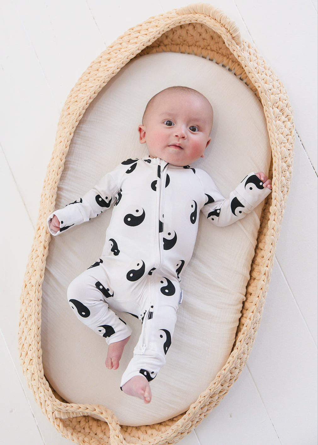 Bamboo convertible romper zippy with yin and yang print.