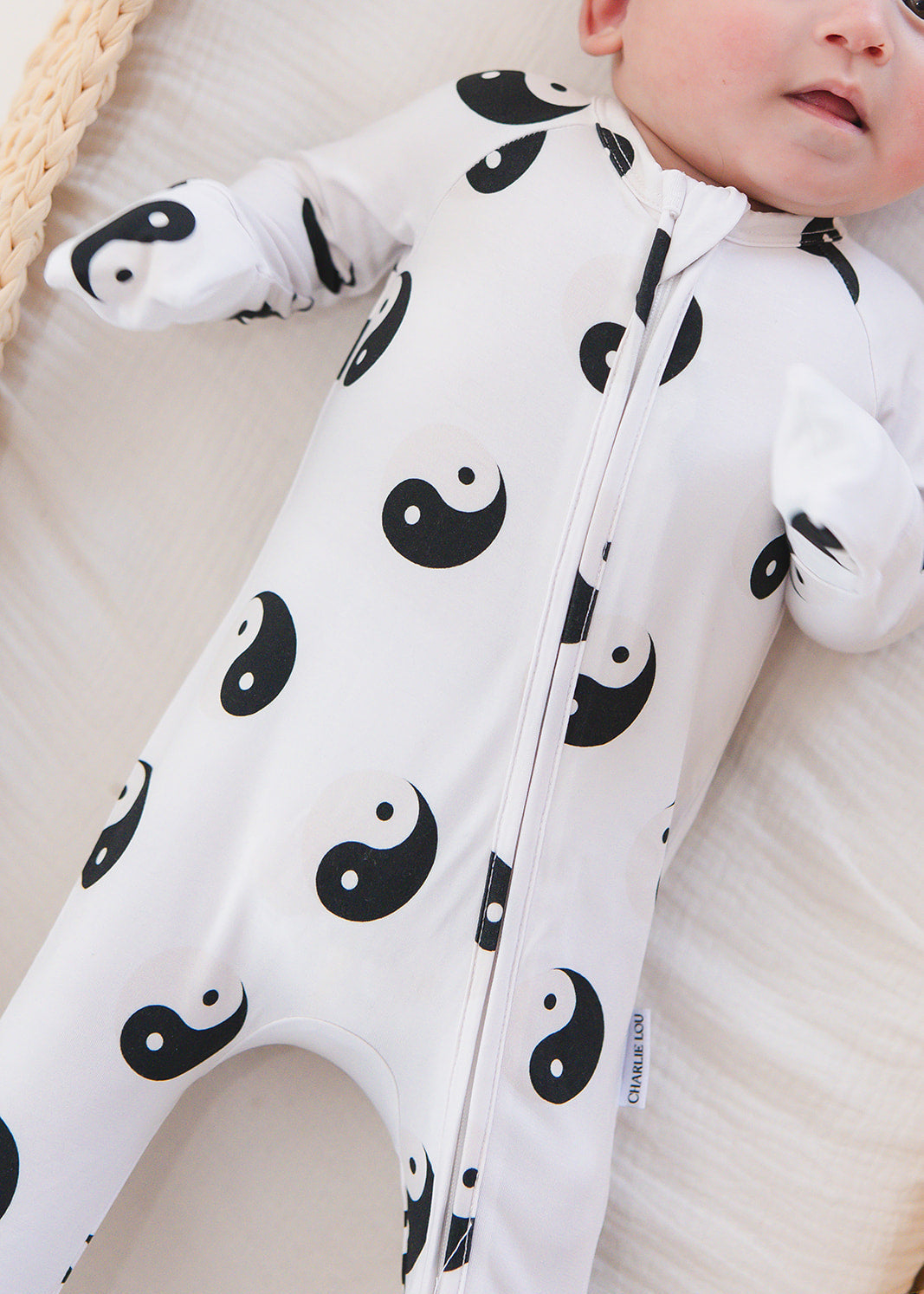 Bamboo convertible romper zippy with yin and yang print.