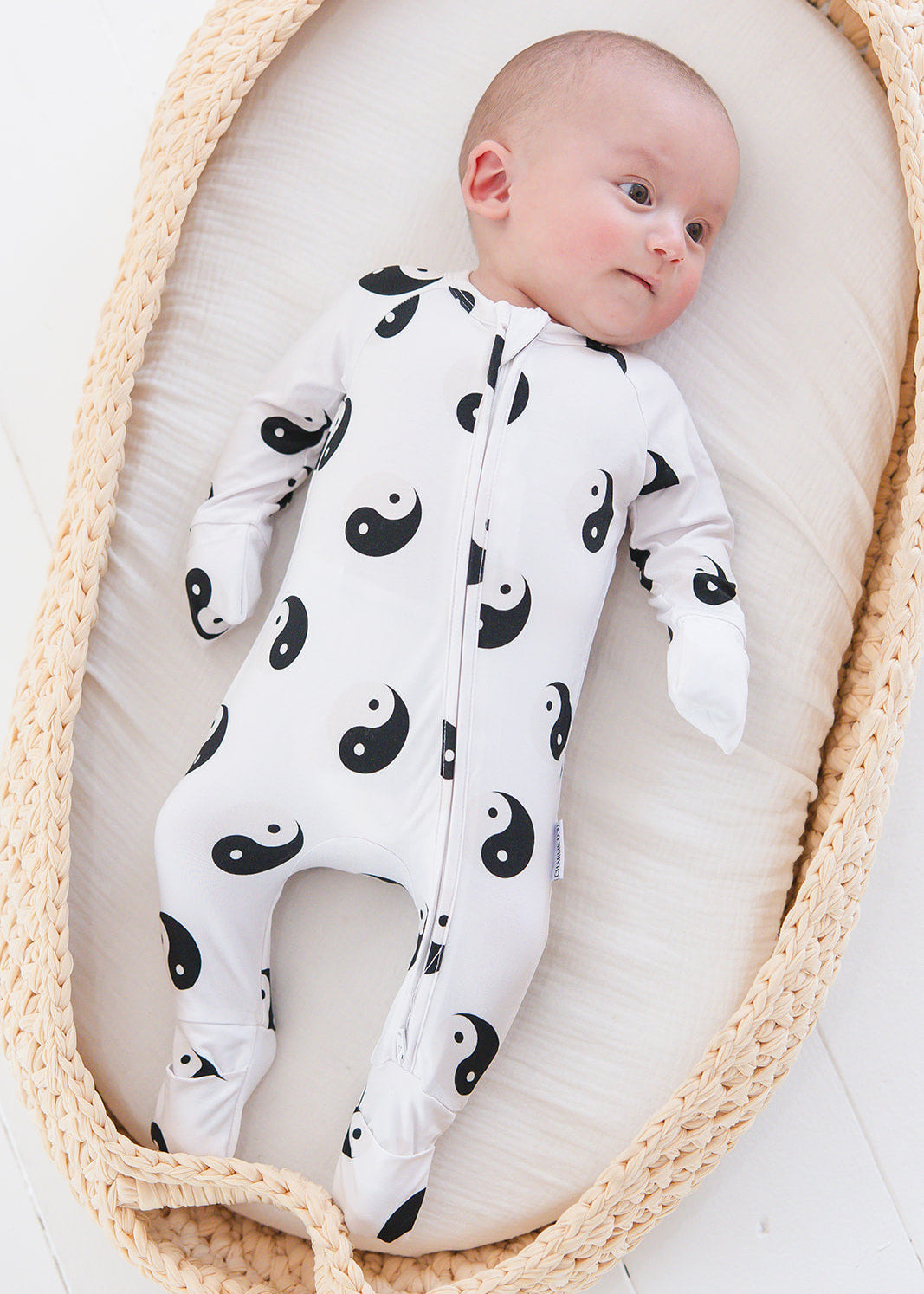Bamboo convertible romper zippy with yin and yang print.