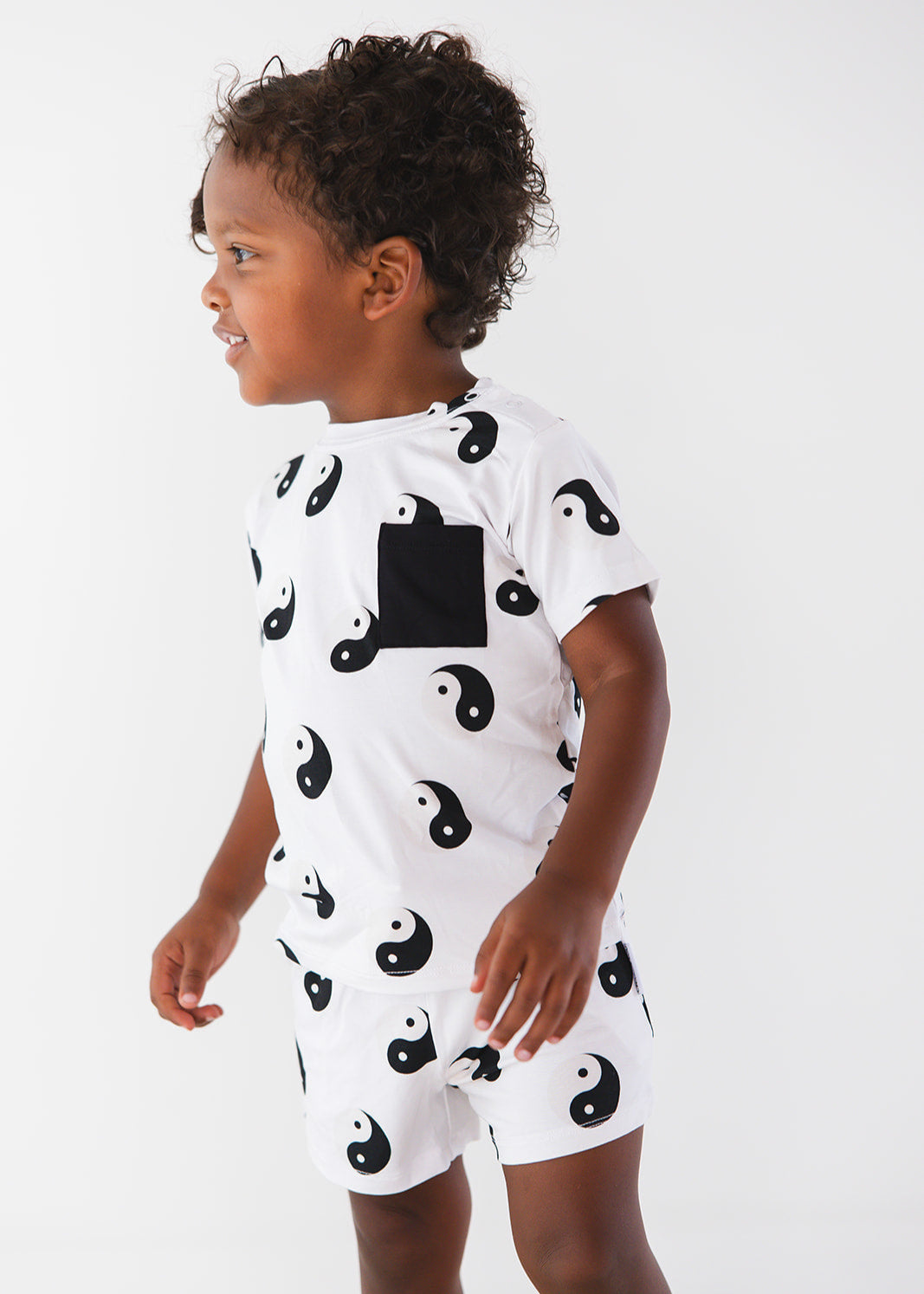 Bamboo shorts and t-shirt set with adjustable drawstring and pockets featuring a yin & yang print for baby, toddler and little boys.