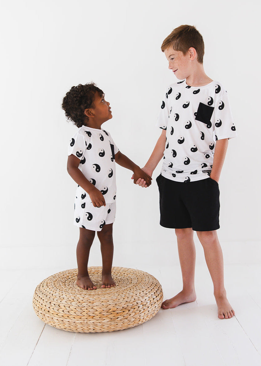 Bamboo shorts and t-shirt set with adjustable drawstring and pockets featuring a yin & yang print for baby, toddler and little boys.