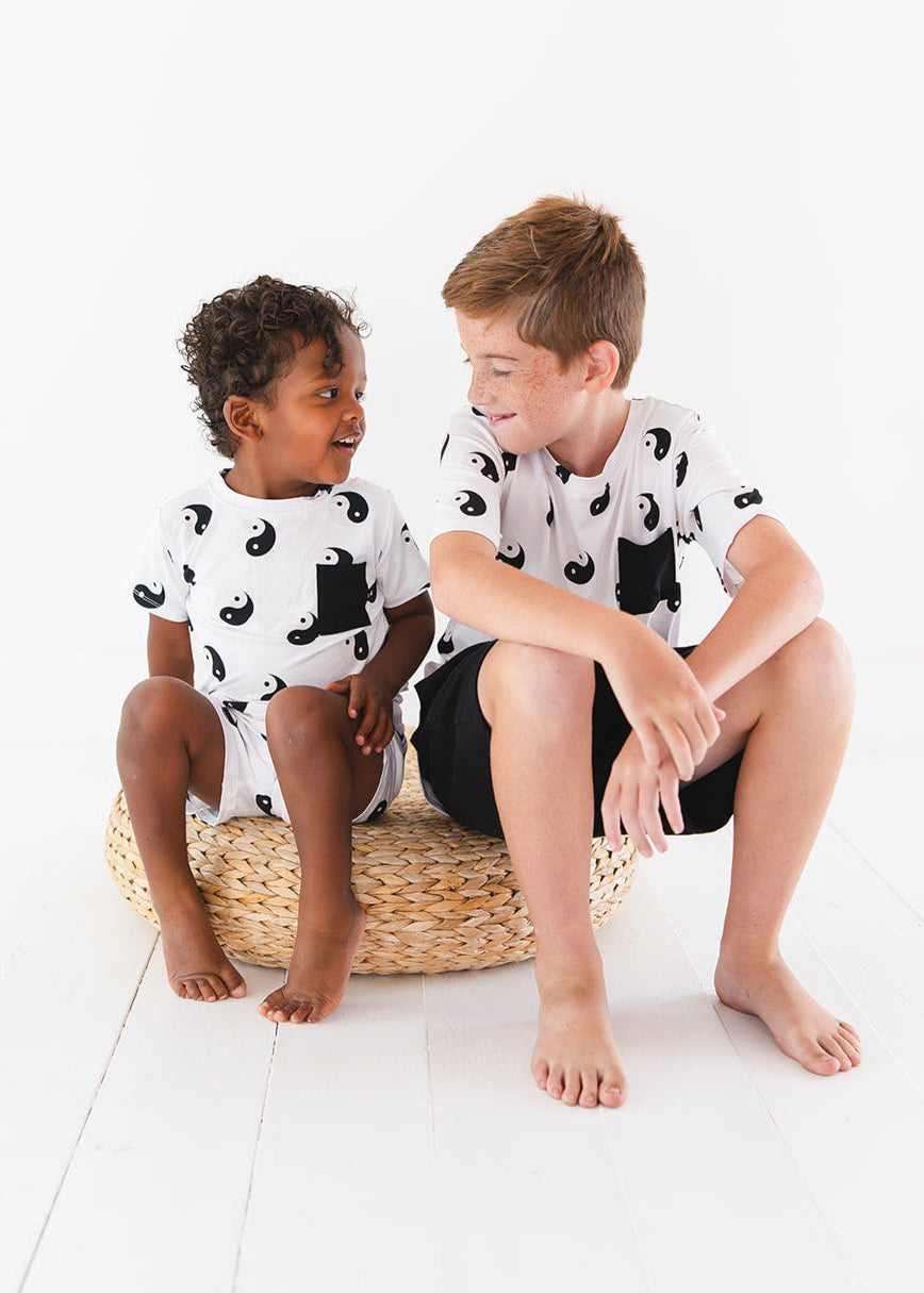 Bamboo shorts and t-shirt set with adjustable drawstring and pockets featuring a yin & yang print for baby, toddler and little boys.