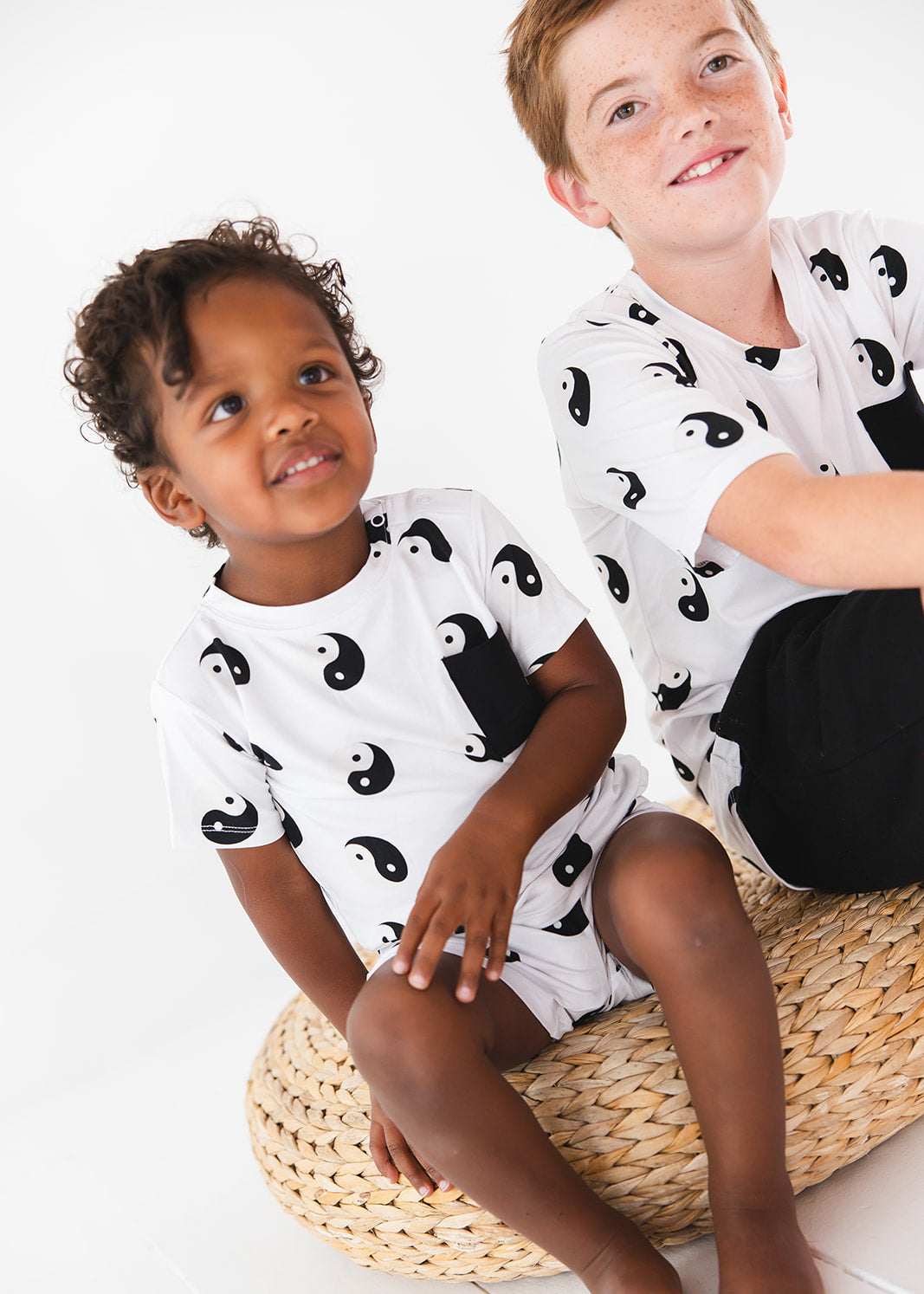 Bamboo shorts and t-shirt set with adjustable drawstring and pockets featuring a yin & yang print for baby, toddler and little boys.