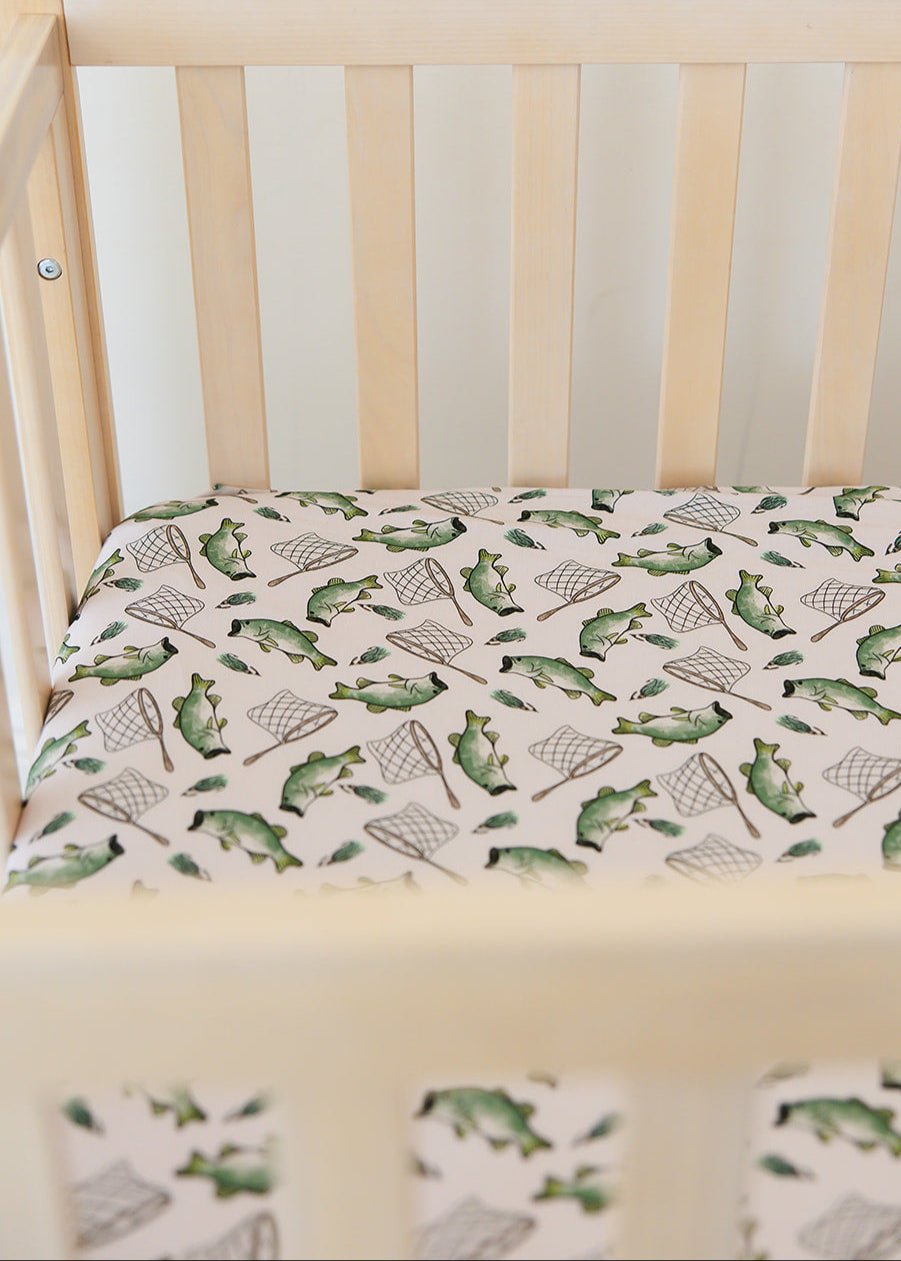 Fishing bamboo crib sheet for babies and toddlers.
