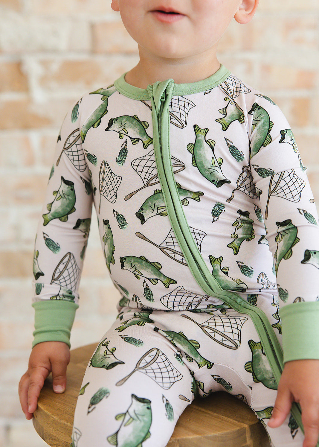 Fishing bamboo zippy convertible romper.