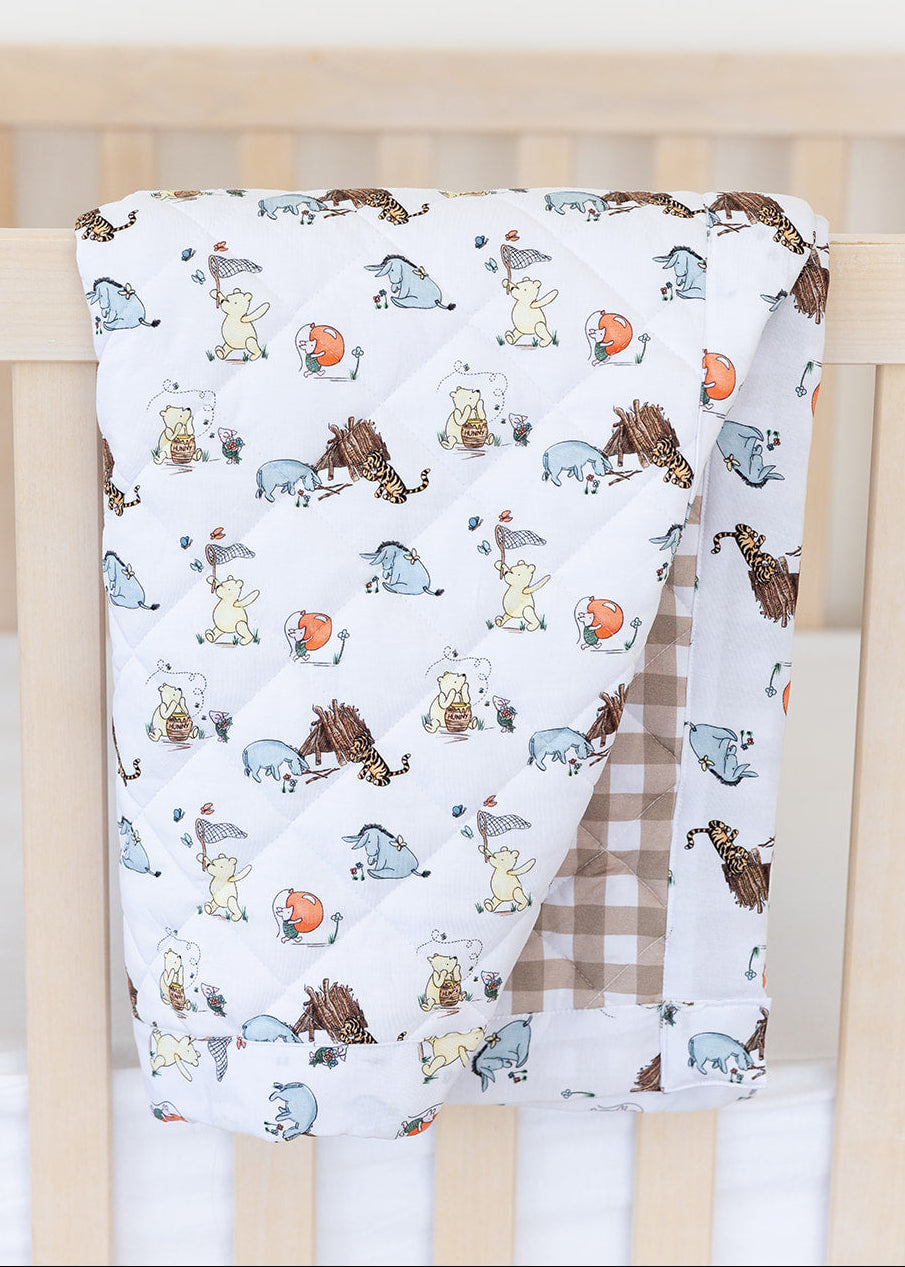 Winnie the Pooh and gingham bamboo quilted blanket.