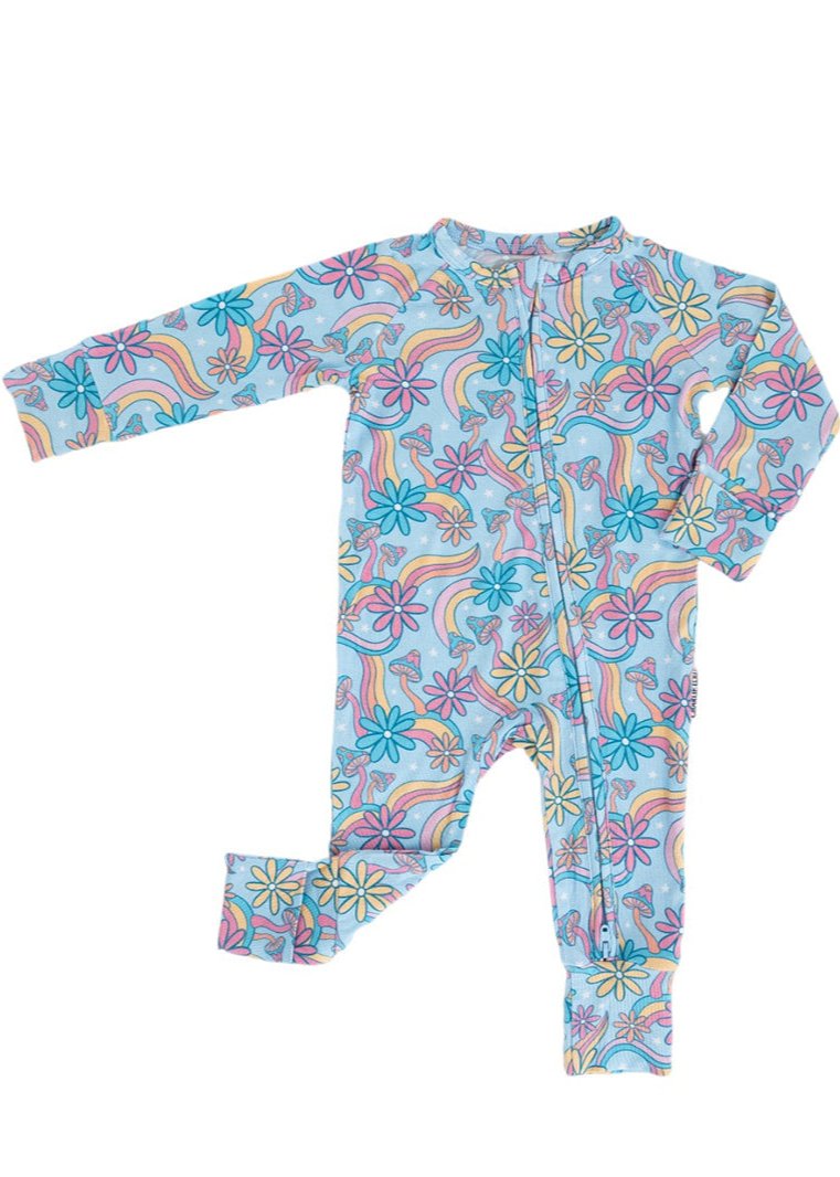 Convertible romper with hand and foot cuffs with bow made from super soft bamboo fabric. The print is a floral with mushrooms on it that looks very hippie, groovy, 70’s. Baby girl zippy with double zippers and fabric that is hypoallergenic, temperature regulating and has UV protection.