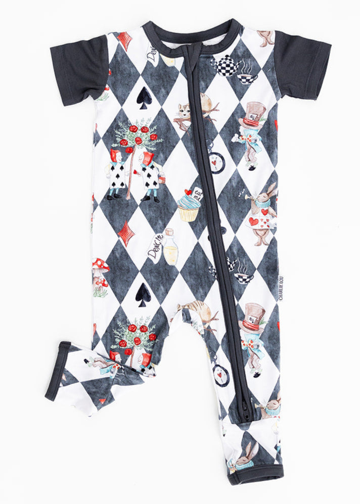 Short sleeve, double zipper romper for baby boys and girls. Gender neutral bamboo romper in Alice in Wonderland print.