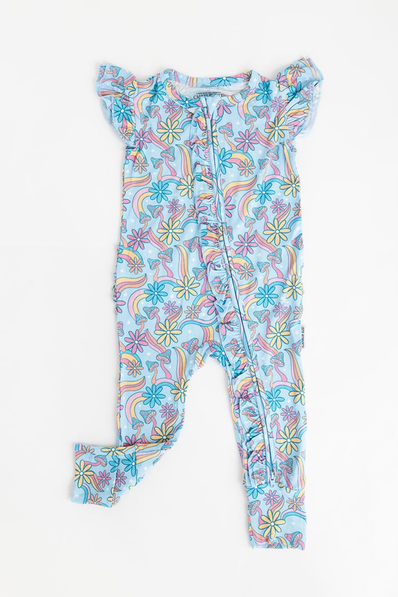 Bamboo flutter short sleeve romper in groovy, hippie, 70’s style print with florals and mushrooms for baby girl.