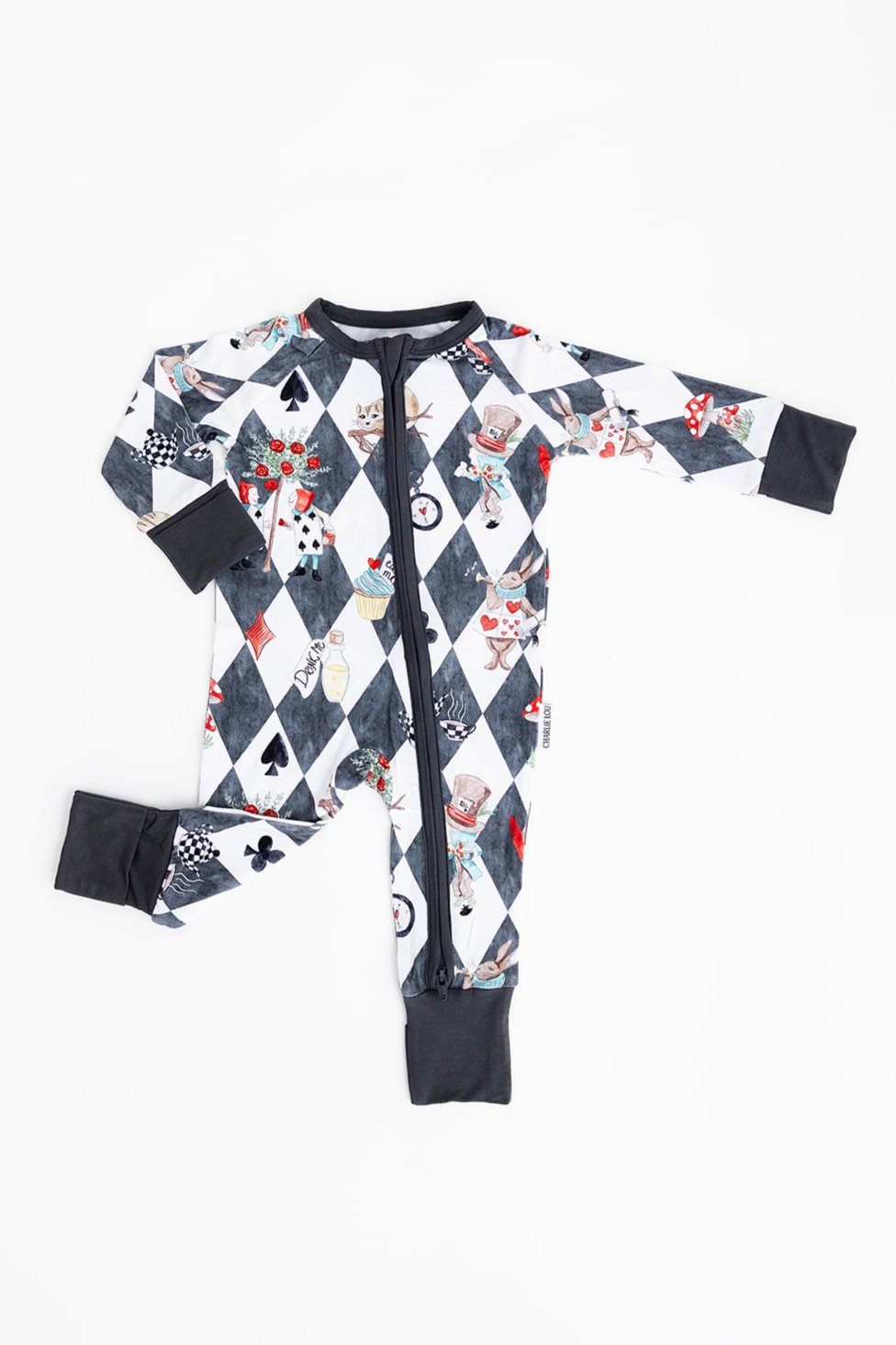 Vintage Alice in Wonderland convertible bamboo romper for baby boys and girls and gender neutral. Bamboo zippy that has UV protection, is hypoallergenic, temperature regulating and moisture wicking.