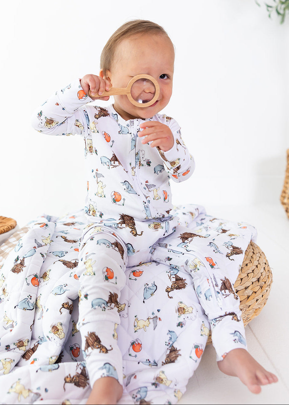 Winnie the Pooh bamboo convertible zippy romper for Fall.