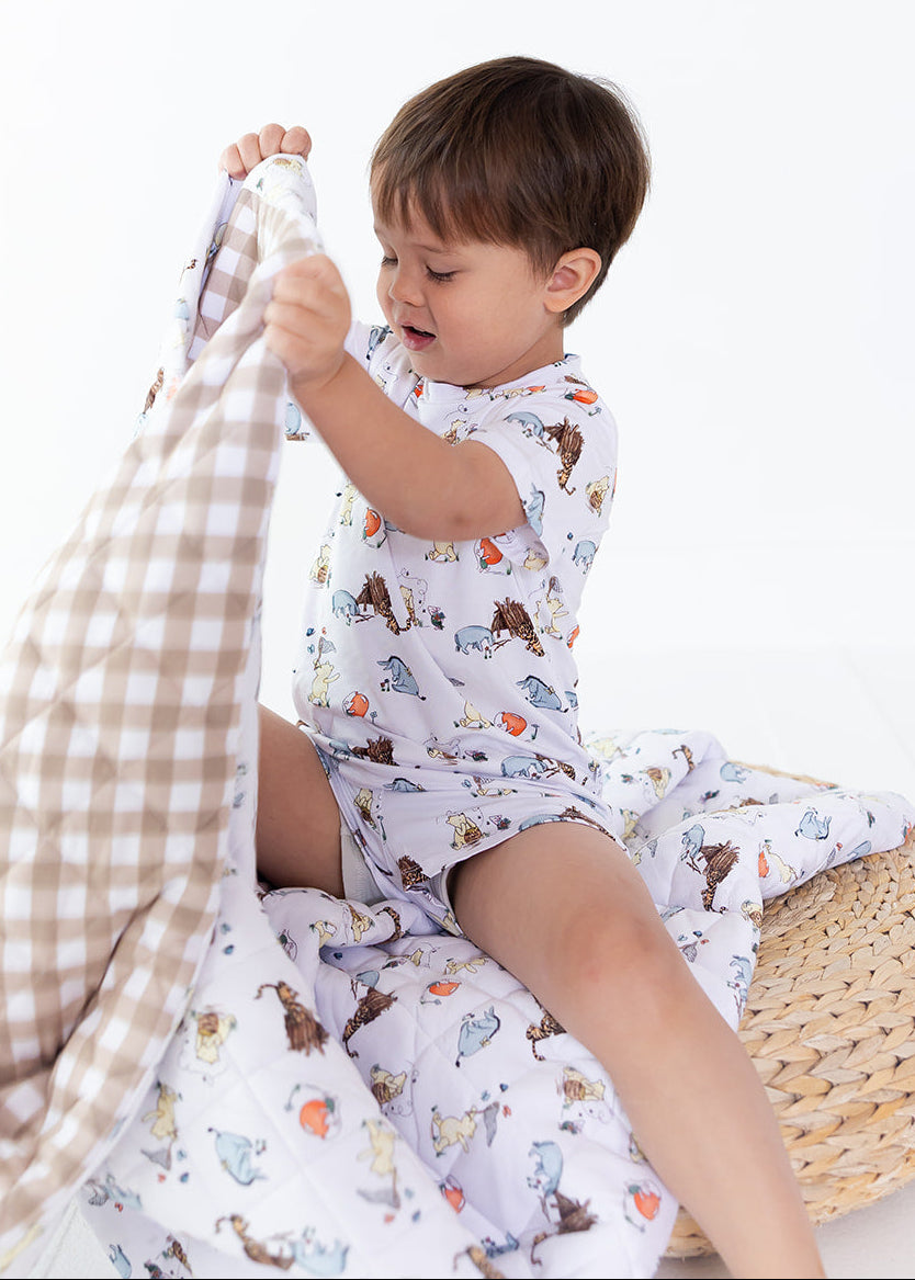 Winnie the Pooh and gingham bamboo quilted blanket.