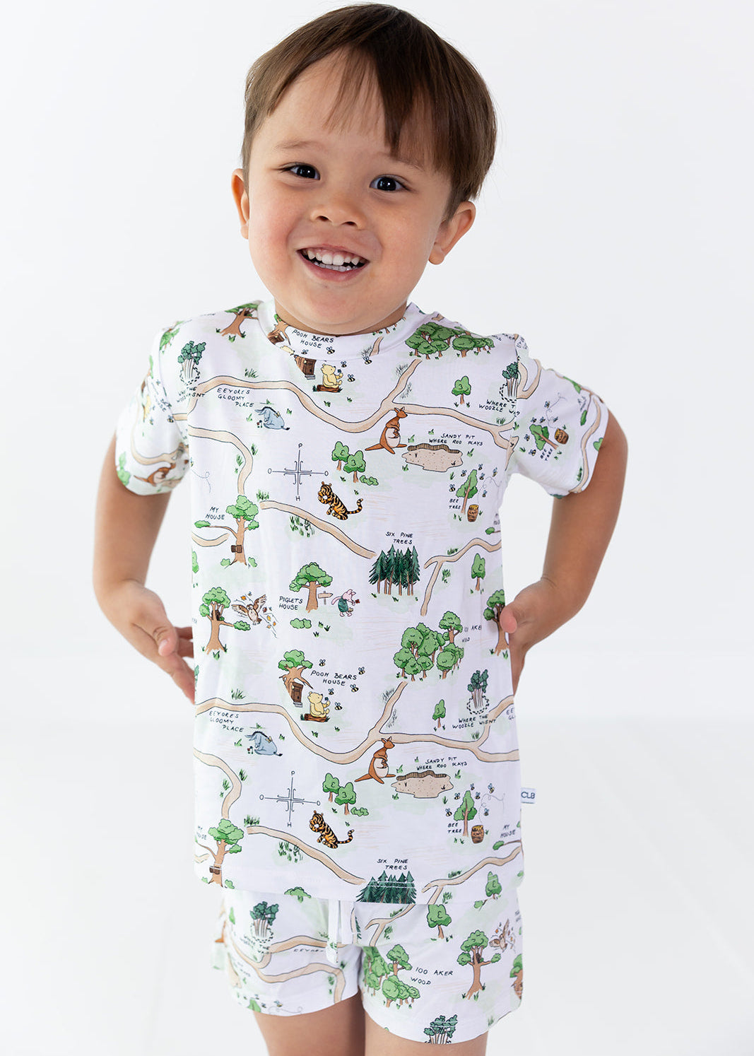 Winnie the Pooh Hundred Acre Wood bamboo shorts and shirt set.