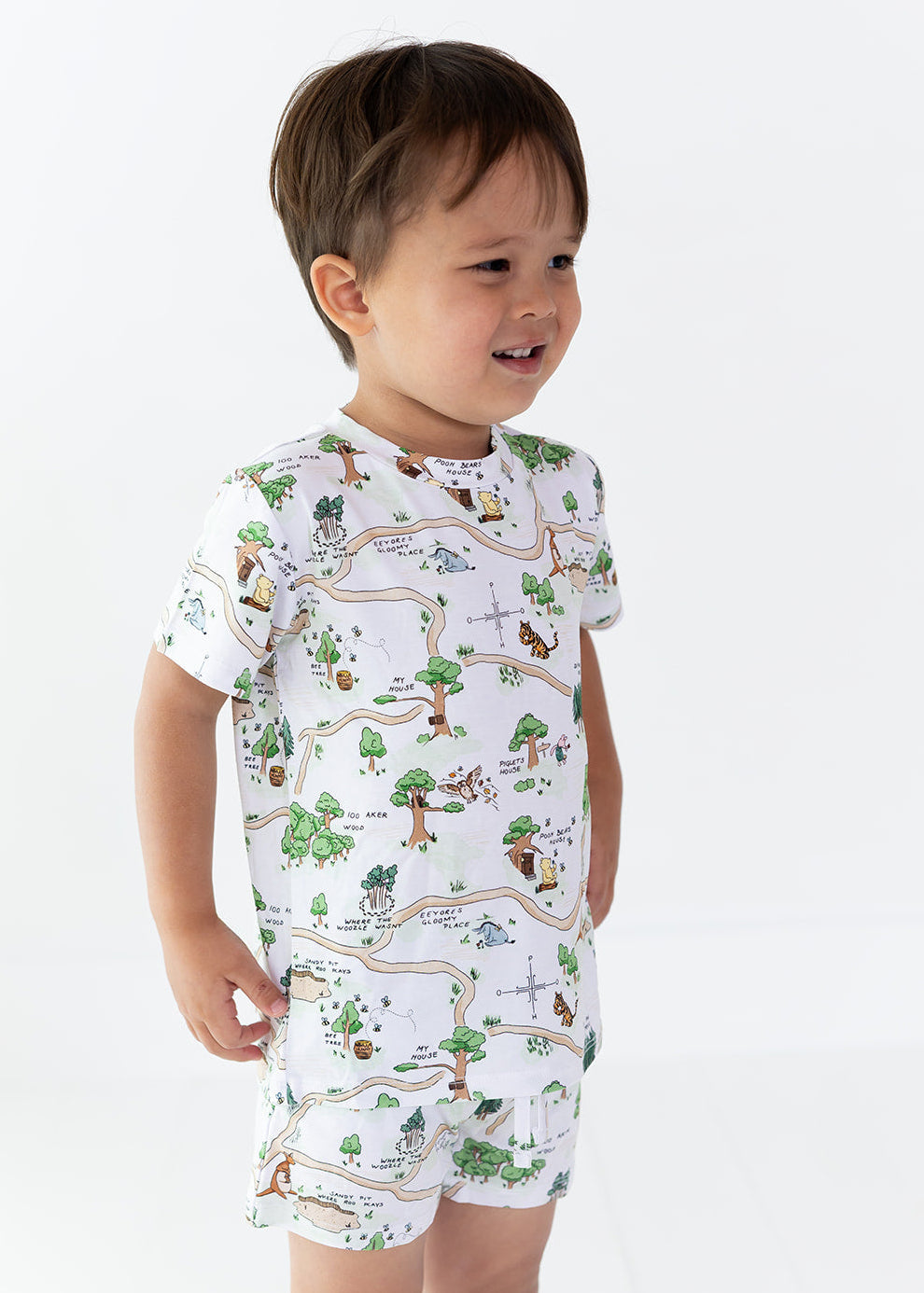 Winnie the Pooh Hundred Acre Wood bamboo shorts and shirt set.