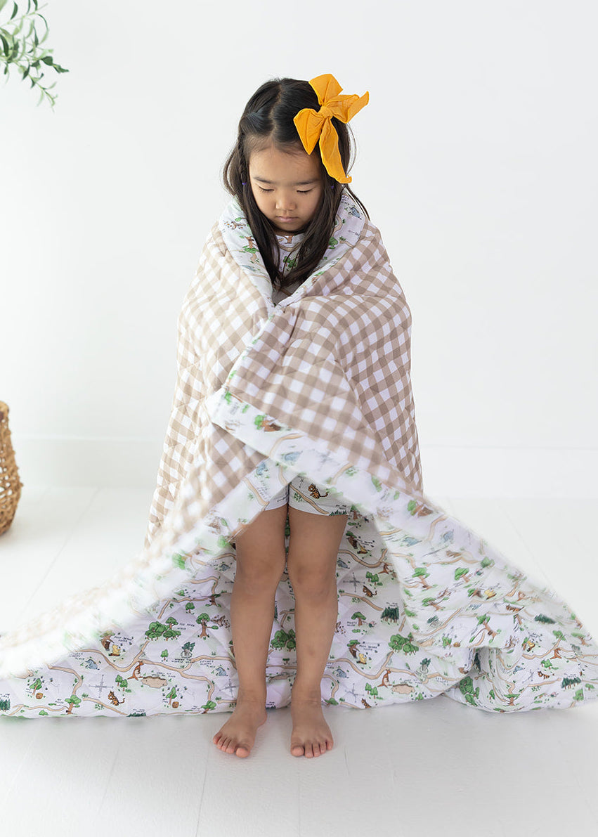 Winnie the Pooh Hundred Acre Wood double sided bamboo quilted blanket with gingham back.
