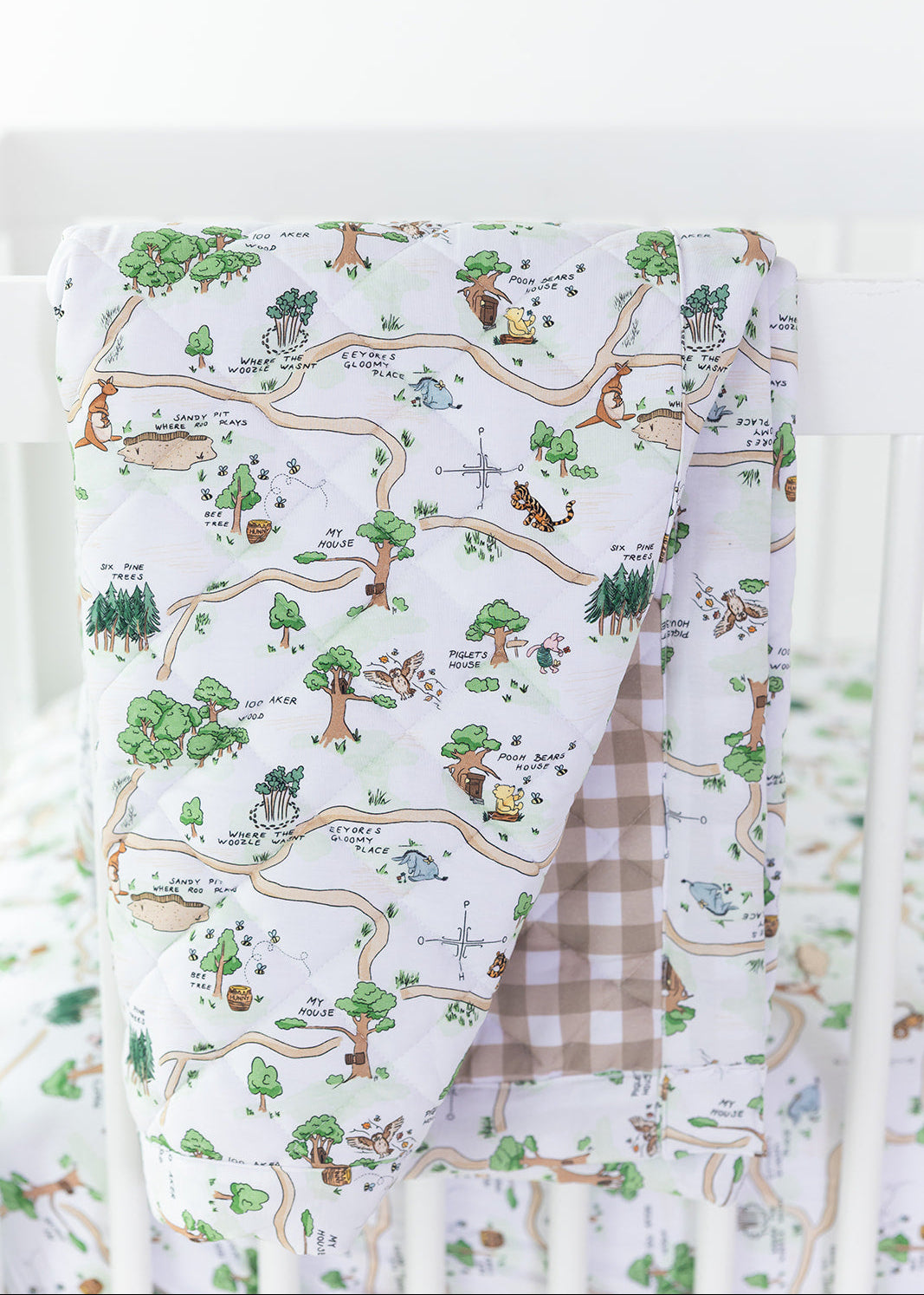 Winnie the Pooh Hundred Acre Wood double sided bamboo quilted blanket with gingham back.