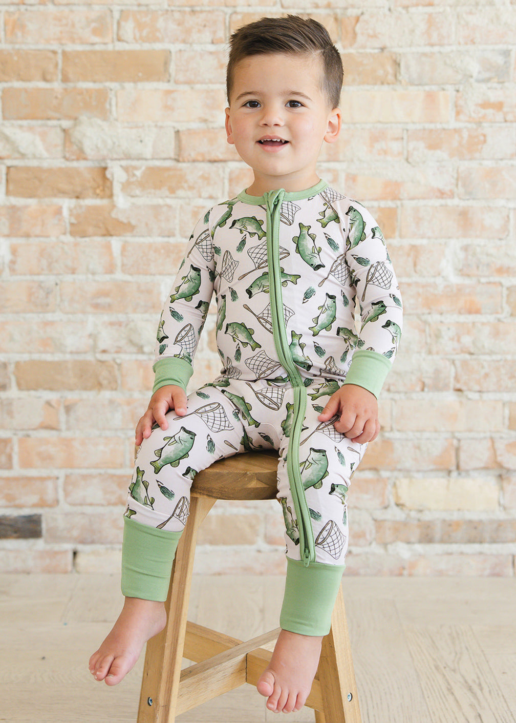 Fishing bamboo zippy convertible romper.
