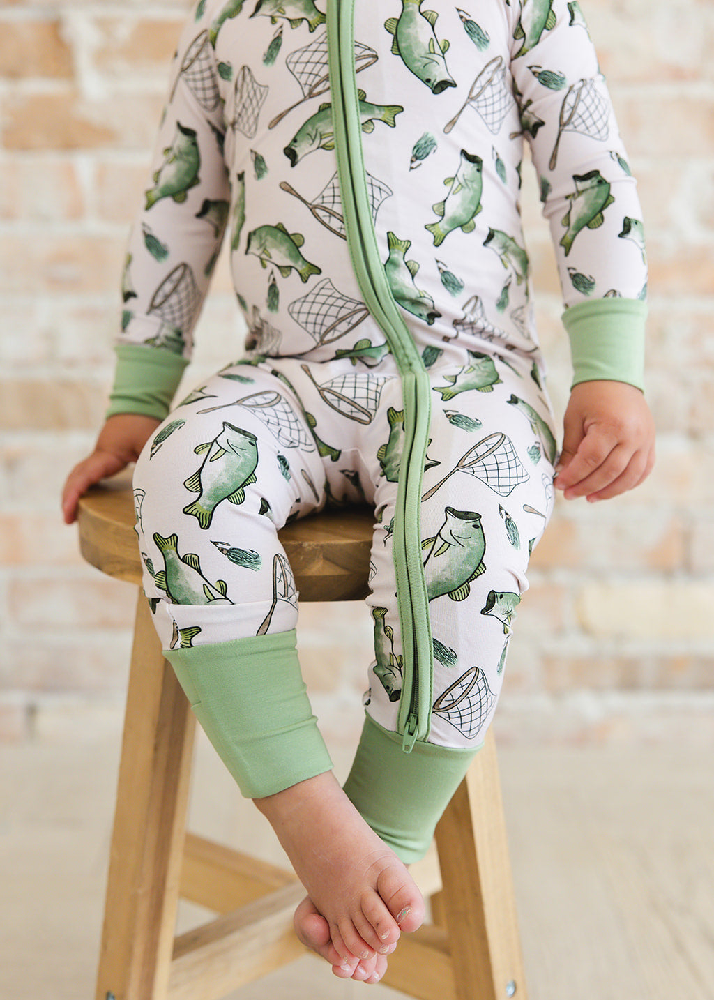 Fishing bamboo zippy convertible romper.
