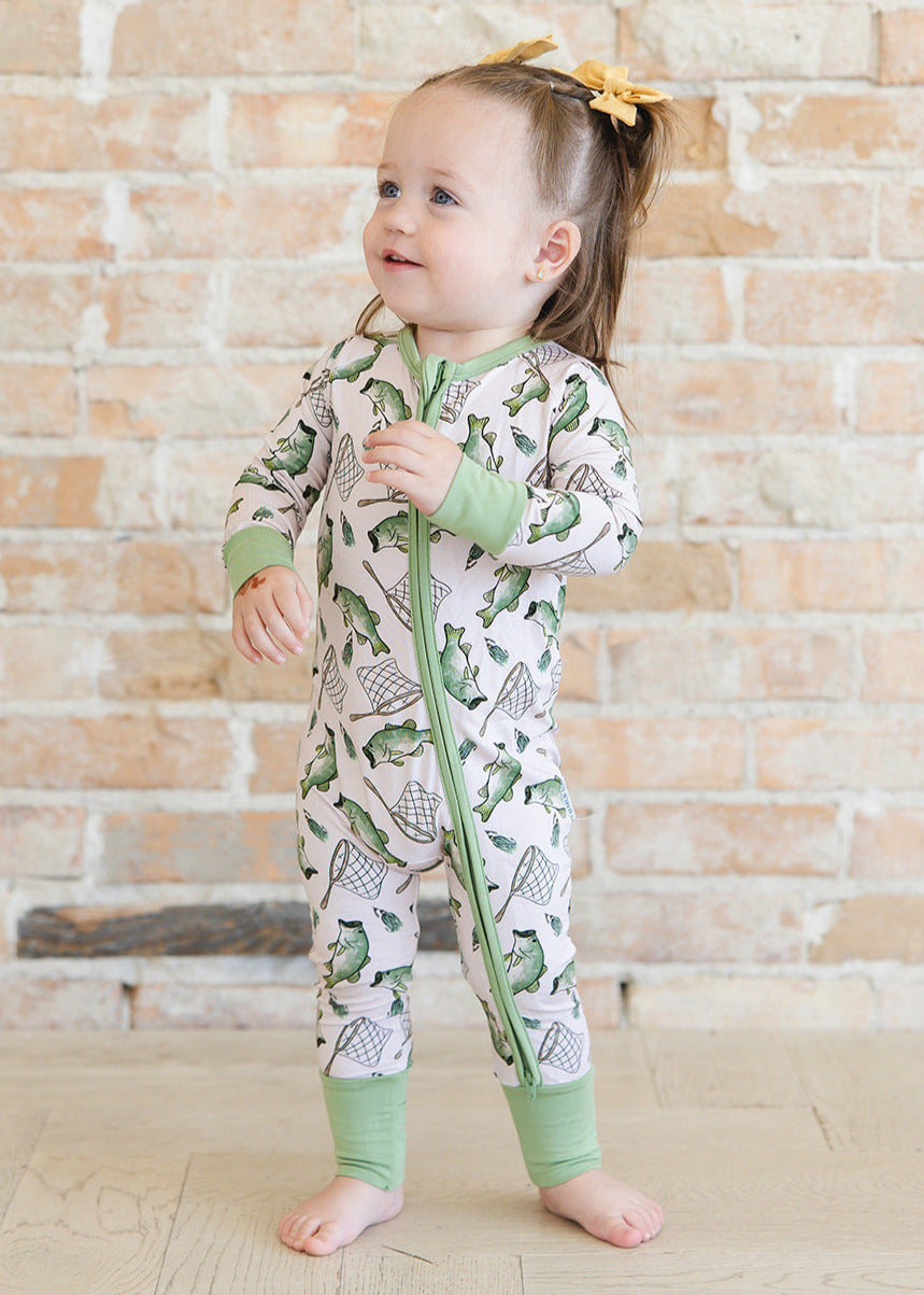 Fishing bamboo zippy convertible romper.