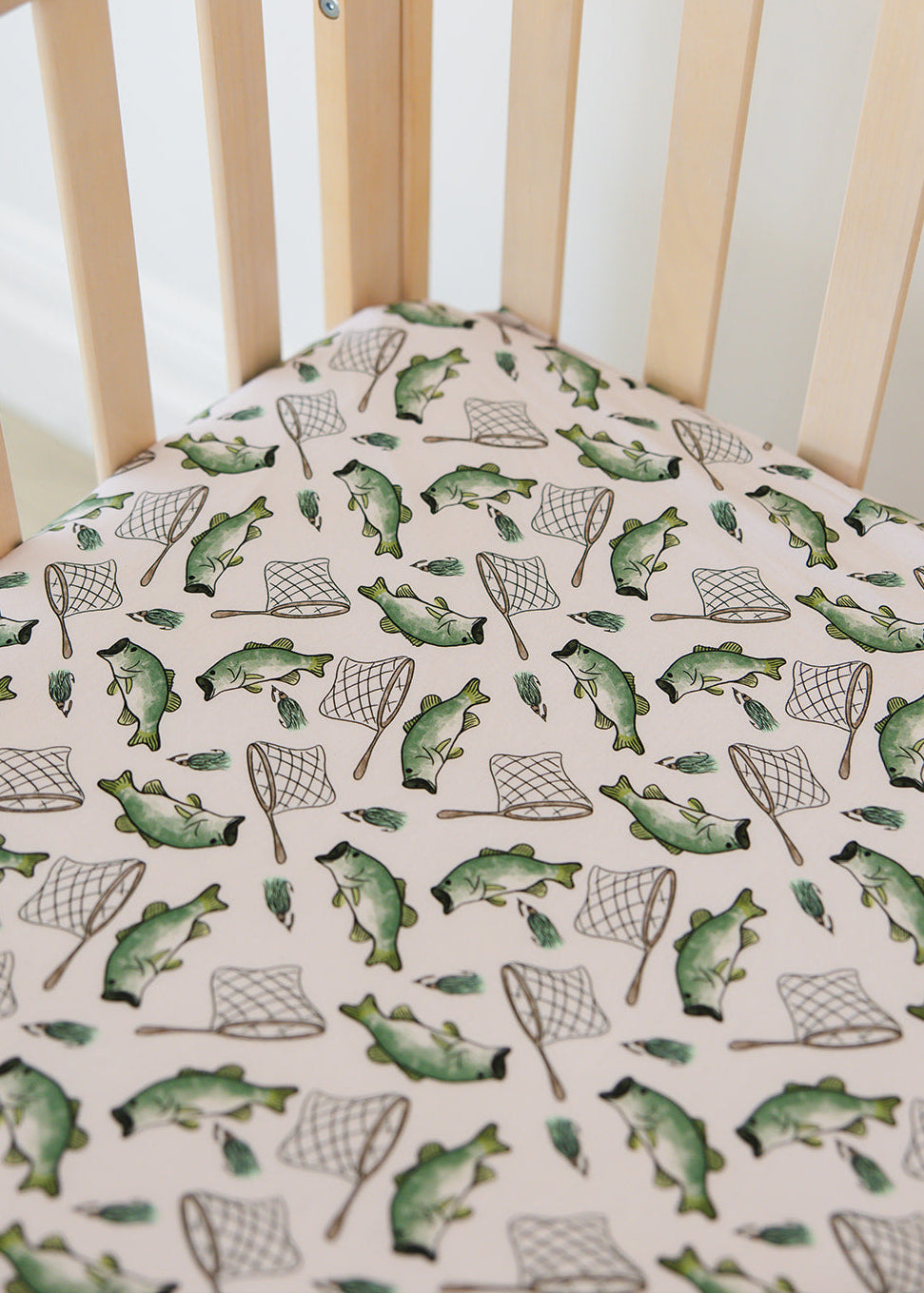 Fishing bamboo crib sheet for babies and toddlers.