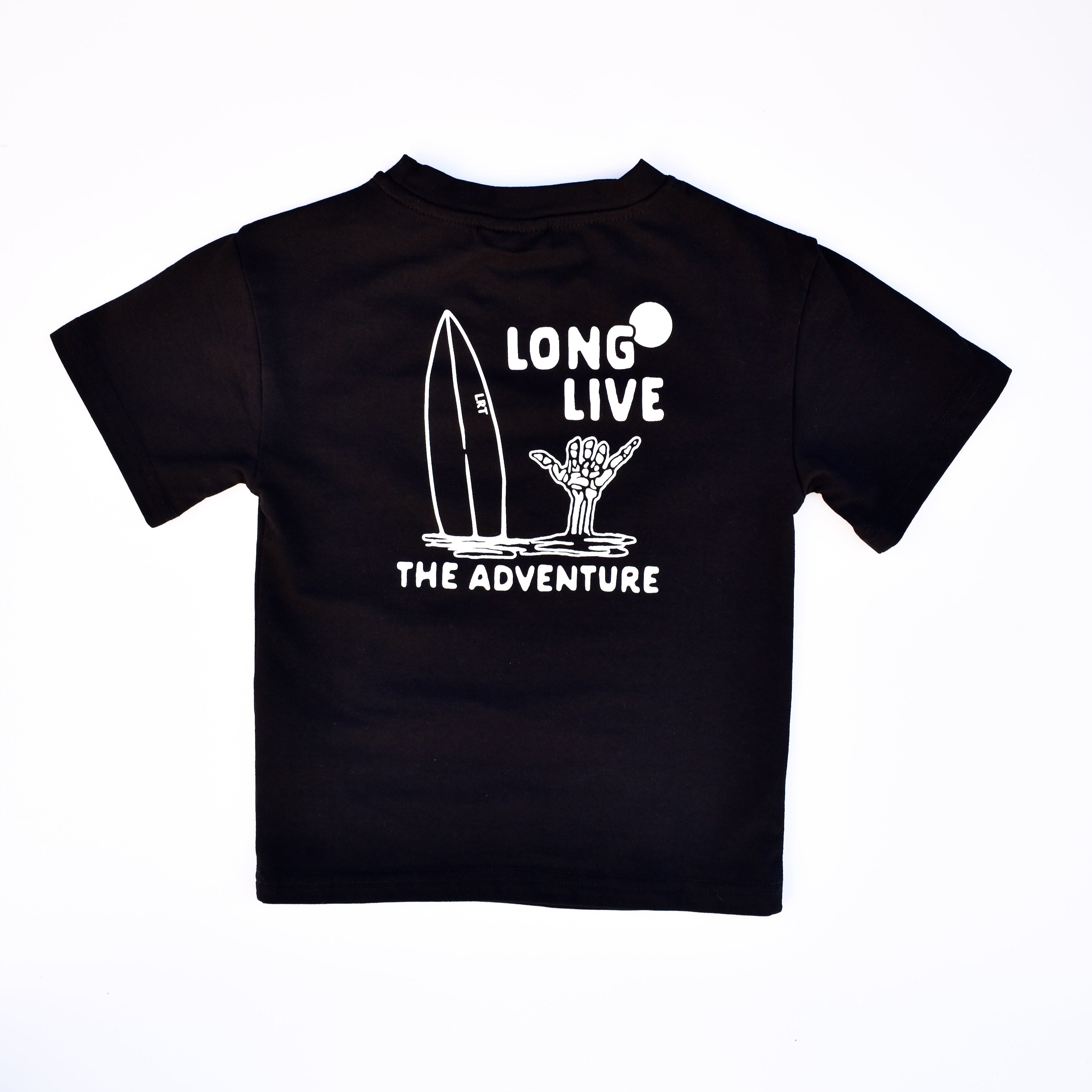 100% ORGANIC COTTON LONG LIVE THE ADVENTURE TEE - BLACK