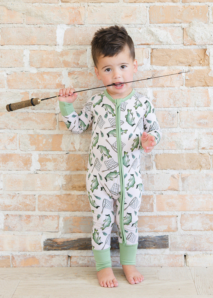 Fishing bamboo zippy convertible romper.