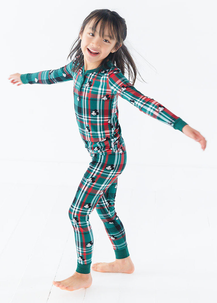 Bamboo Christmas Mickey Disney Pajamas with family matching for toddlers in green and red tartan.