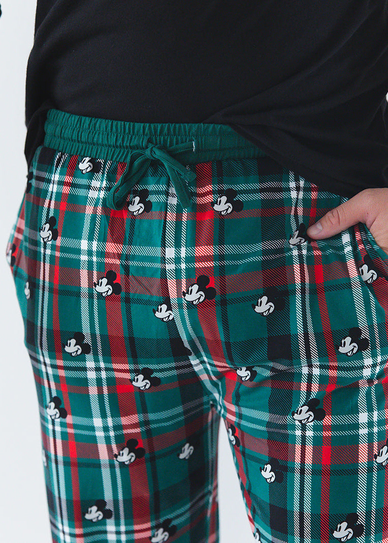 Men's bamboo Christmas Disney Mickey pajamas in green and red tartan print with family matching.