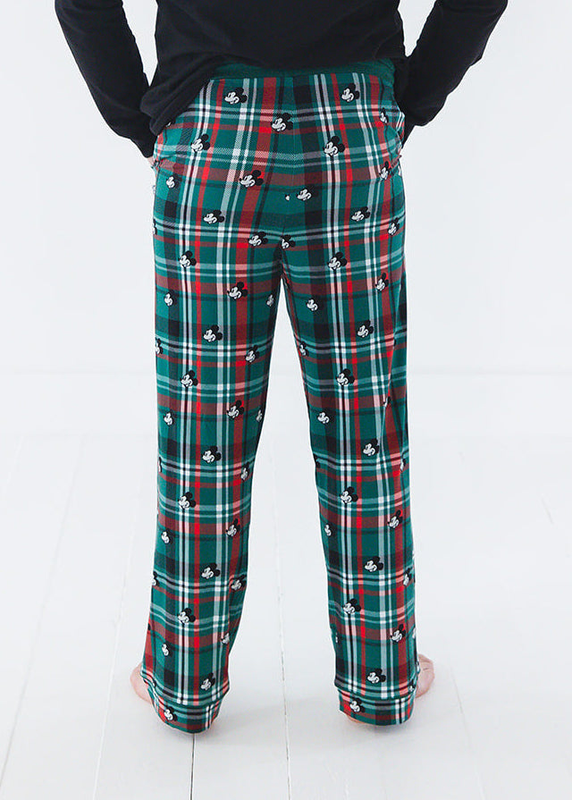 Men's bamboo Christmas Disney Mickey pajamas in green and red tartan print with family matching.