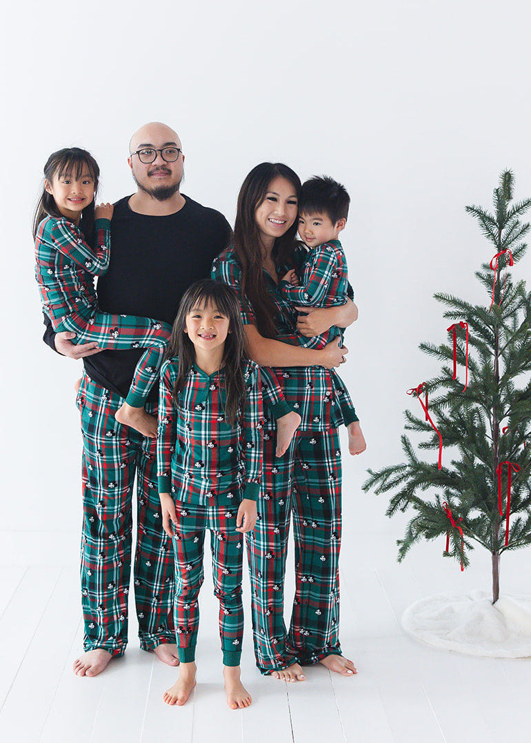 Family matching Christmas Mickey pajamas in bamboo fabric. Green and red Tartan.