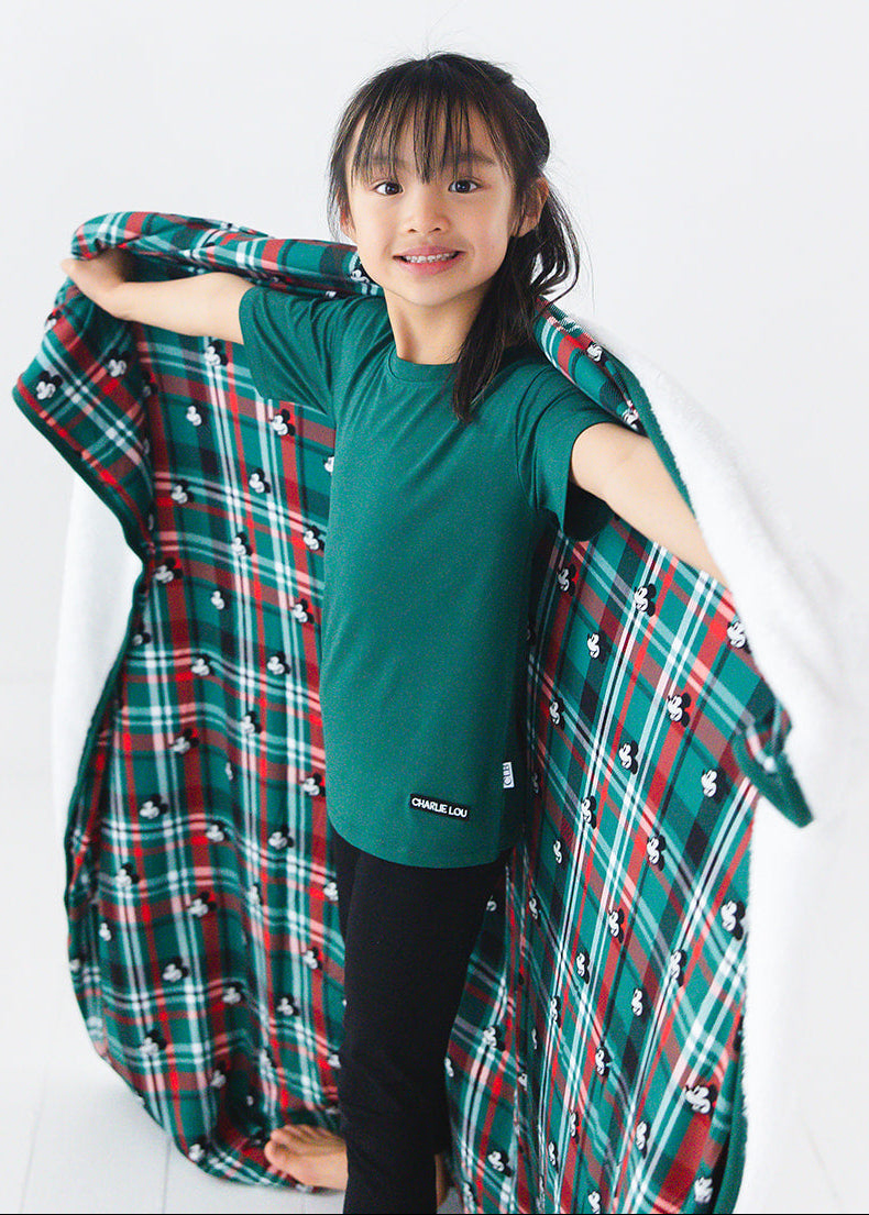 Forest green bamboo t-shirt with matching family Christmas pajamas.