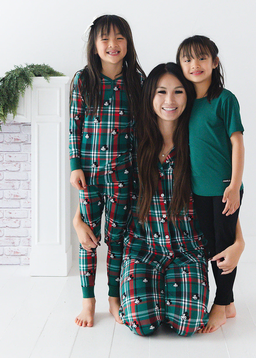 Forest green bamboo t-shirt with matching family Christmas pajamas.