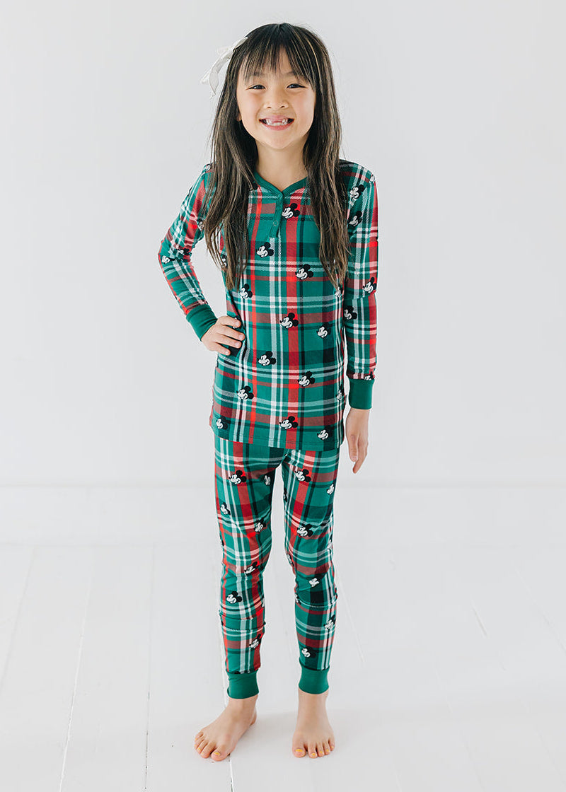 Bamboo Christmas Mickey Disney Pajamas with family matching for toddlers in green and red tartan.