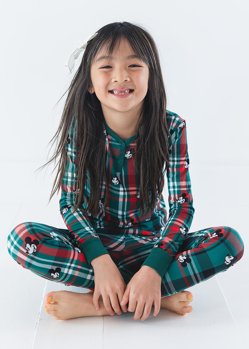 Bamboo Christmas Mickey Disney Pajamas with family matching for toddlers in green and red tartan.