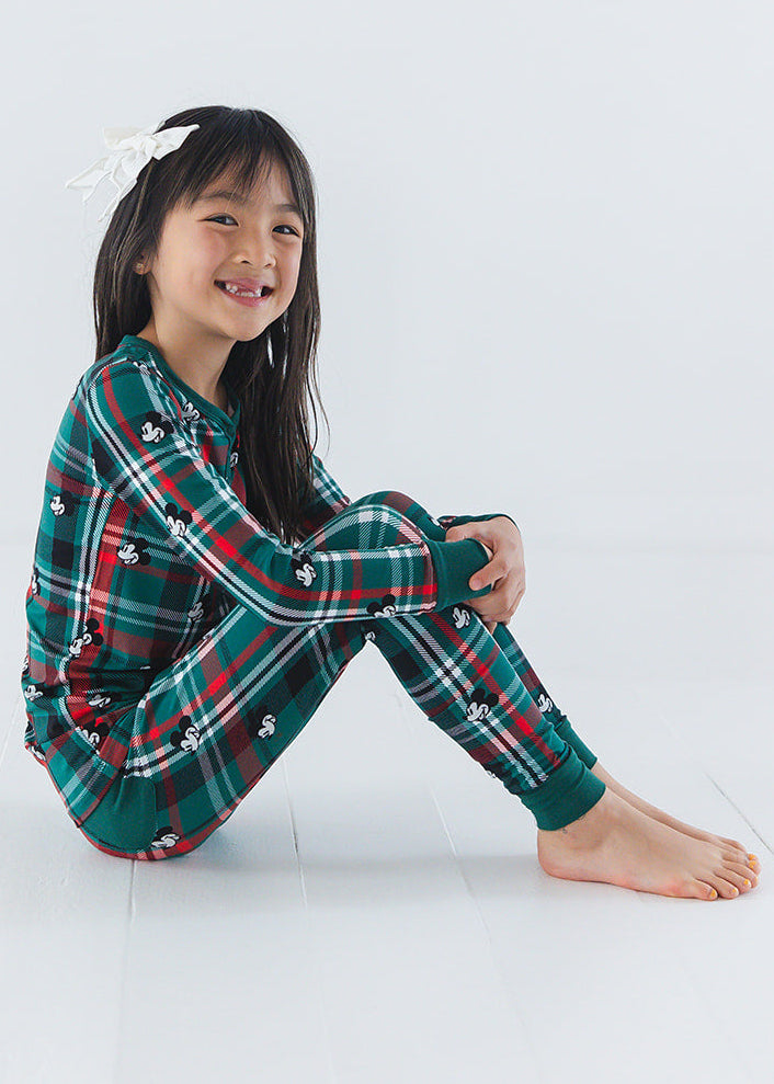 Bamboo Christmas Mickey Disney Pajamas with family matching for toddlers in green and red tartan.