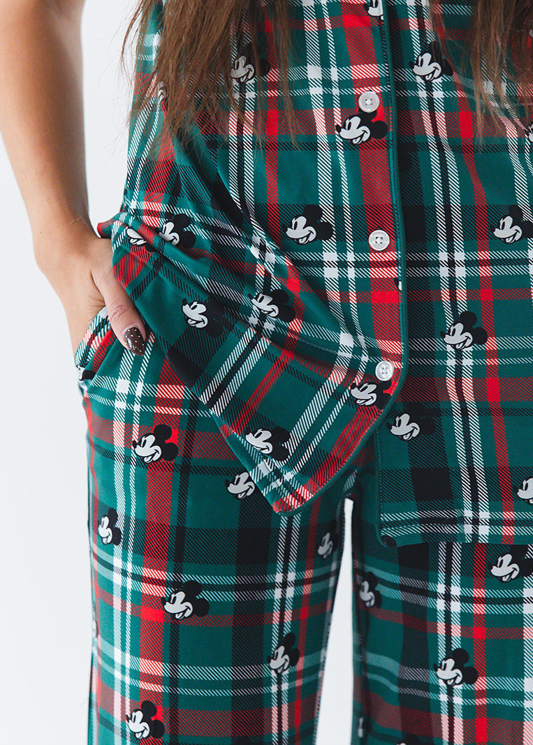 Women's bamboo Christmas Disney Mickey pajamas in green and red tartan print with family matching.